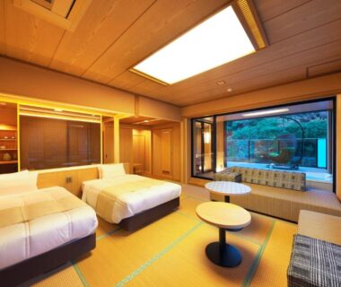 Tatami room with twin beds and low tables at Oyado Zuiyō, Shizuoka, Chūbu Japan