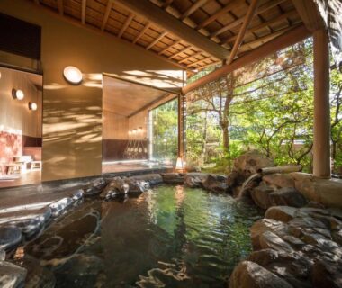 Covered stone onsen bath with wooden roof and garden view at Oyado Chikurintei in Saga, Kyushu
