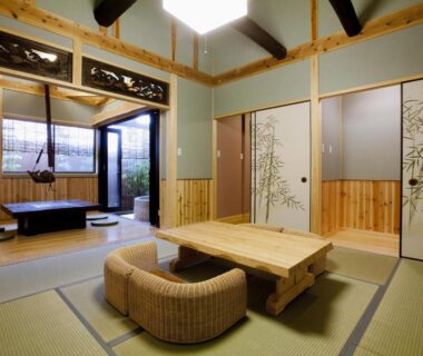 Traditional tatami seating area with low table at Toku no Yado Fubuan in Oita, Kyushu, Japan
