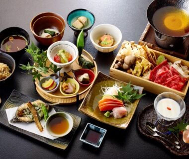 Assorted Japanese dishes with sashimi and hot pot at Retraite Kominka, Gunma