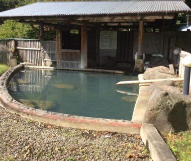Curved outdoor onsen pool with wooden shelter at Ōgi Onsen in Kumamoto, Kyūshū