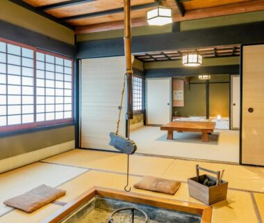 Traditional tatami room with sunken irori hearth, low table and shoji screens at Ryokan Isobe in Kyoto