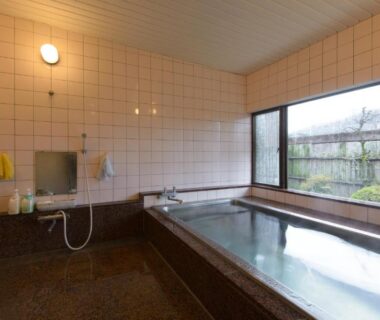 Tiled indoor onsen bath with shower area and garden view at Ryokan gastronomique Komakusa, Gifu