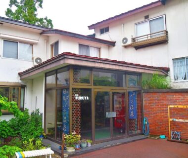 Glass entrance vestibule with brick wall and plants at 旅館FURUYA, Nagano