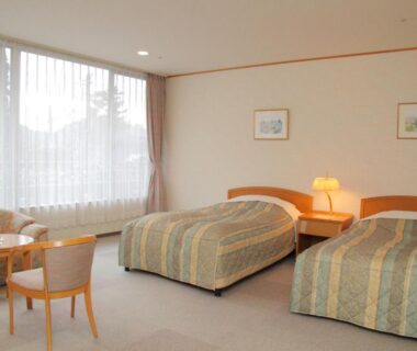 Western twin room with two beds and seating by large window at Zuihōen Arima Hyōgo