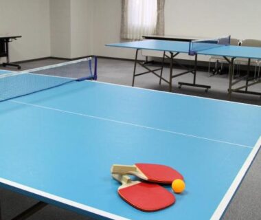 Table tennis tables and paddles in recreation room at Zuihōen Arima Hyōgo
