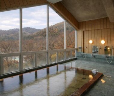 Indoor onsen with stone tub, wooden interior and mountain views through large windows