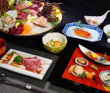 Traditional Japanese multi-course meal with sashimi and small dishes at Kiri no Kaori Sakura, Shizuoka
