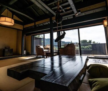 Sunlit tatami room with sunken irori table at Musōan Biwa, cove property in Shizuoka, Chūbu