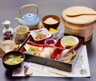 Japanese breakfast set with grilled fish, rice, miso soup and teapot at Mitaki Sanso in Wakayama