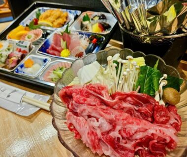 Assorted sashimi and thinly sliced beef with vegetables for hot pot at Mitaki Sanso near Nachi Falls