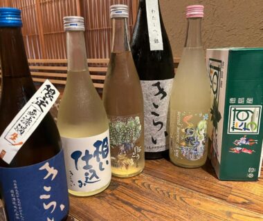 Selection of sake bottles on wooden counter at Atasawaya Ryokkan, Tokyo Kanto