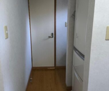 Narrow corridor with wood flooring, storage cabinet and closed door at Amakawa Ryokan in Kawazu, Shizuoka