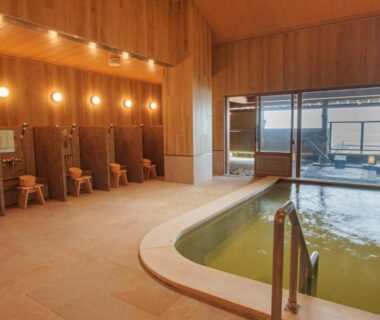 Wood-paneled indoor onsen with stools, washing stations, handrail and exterior window at Senshin Waho, Hyōgo