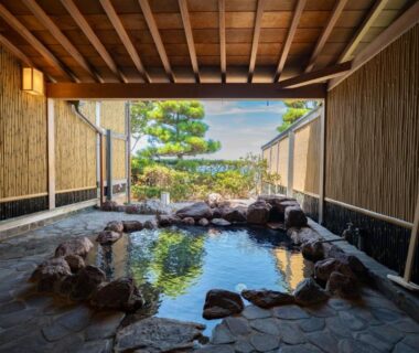 Covered rock onsen bath with wooden ceiling and garden view at Senshin Waho Hyōgo