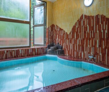 Indoor onsen bath with tiled mountain-pattern wall and window in Dorogawa Onsen ryokan
