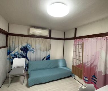 Blue sofa, shoji screen and decorative curtains at Futago no Yado bâtiment sud, Asakusa Tokyo