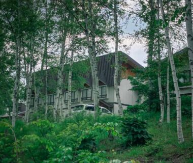 Exterior of Sansō Watari auberge thermale nestled among birch trees in Nagano, Chūbu region