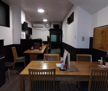 Small wooden dining room with condiments at Onsenya Hirosuke Ryokan in Fukushima, Tōhoku