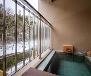 Indoor onsen bath with glass wall overlooking snowy forest at Yūsen Shidate, Iwate Tōhoku