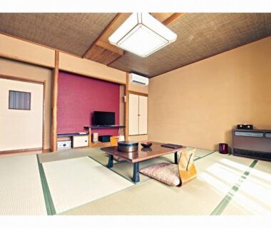 Traditional tatami room with low table, floor cushions, TV and sliding door at Yuyado Miyuki in Gunma