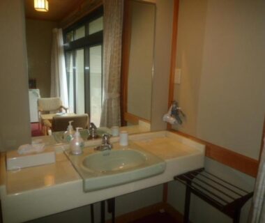 Compact vanity with sink, mirror, toiletries and wooden trim in ryokan wash area by sliding glass doors