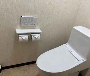 Washlet toilet with electronic control panel and double toilet-paper rolls at Fukunoya ryokan in Gunma Kanto