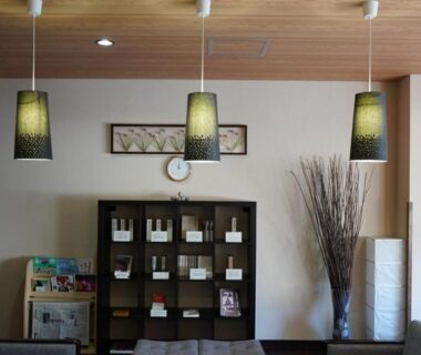 Reception lounge with pendant lights and bookshelf at 源泉掛け流しの宿Albergo湯楽 in Kanagawa Japan
