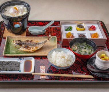 Japanese breakfast tray with grilled fish, rice and miso at Ryokan Hōetsu in Atami, Shizuoka