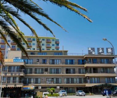 Seaside multi-storey ryokan facade with balconies and a palm tree by the waterfront in Atami Onsen, Shizuoka, Japan