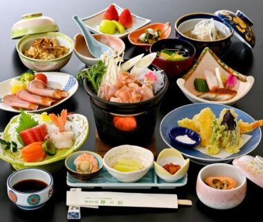 Assorted ryokan dishes including tempura, sashimi, rice and soup at Keyaki no Yado in Yamagata