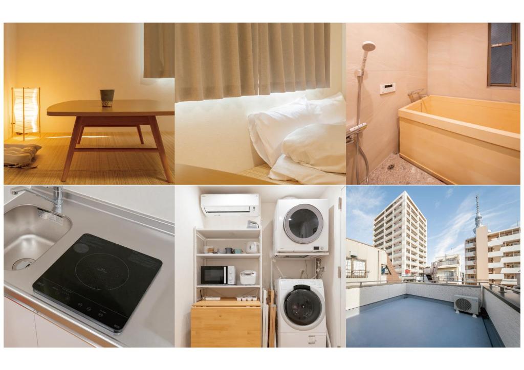 Compact Urban Room Mizu no Yado Asakusa Tokyo Guest room with futon seating, wooden bathtub, kitchenette, laundry unit and rooftop city balcony at Mizu no Yado Asakusa