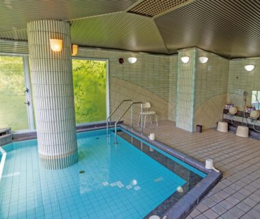 Tiled indoor bathing pool with central pillar, handrails and washing stations at Kiimiso, Wakayama