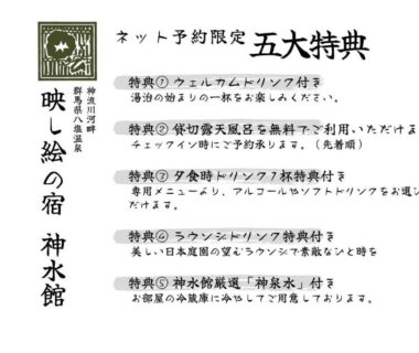 Japanese reservation leaflet listing benefits for Shinsuikan ryokan in Gunma, Kantō with green emblem