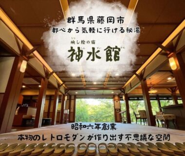Spacious wooden lobby with rows of slippers, timber columns and green garden view at Shinsuikan, Gunma