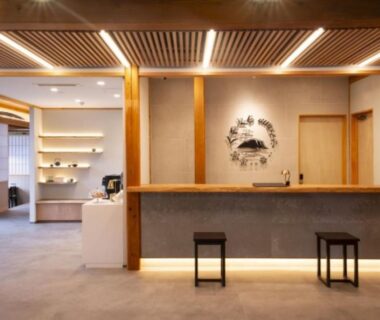 Wooden reception area at Kamikura Matsurube Onsen in Iwate, Tōhoku