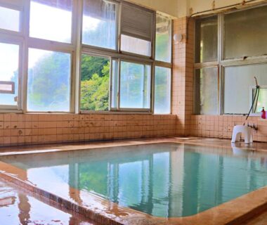 Tiled indoor onsen with large windows and mountain view at Hitō Hanabun, Niigata