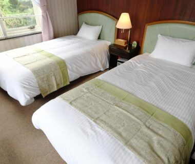 Twin beds with wooden headboards and bedside lamp, HOTEL RaKuun, Kanagawa Japan