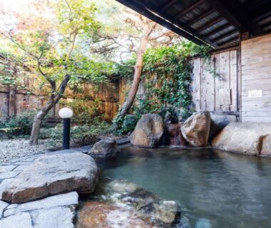 Outdoor stone onsen bath at Ryokufuen Kiyoharu in Gifu Chubu Japan
