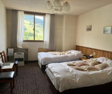Twin beds with wooden headboard and window framing mountain views at Naeba Lodge Oka in Niigata, Chūbu