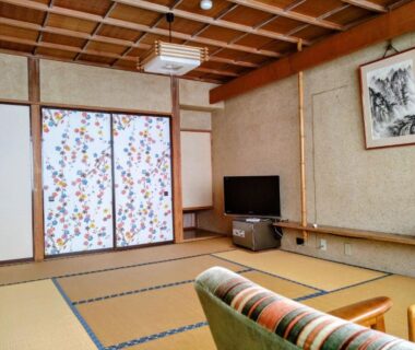 Tatami room with floral sliding doors, TV and wooden shelf at Ringoya, Zaō Onsen, Yamagata