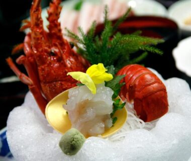 Lobster sashimi on ice with wasabi and garnish at Kashikojima Park Hotel Michishio, Mie
