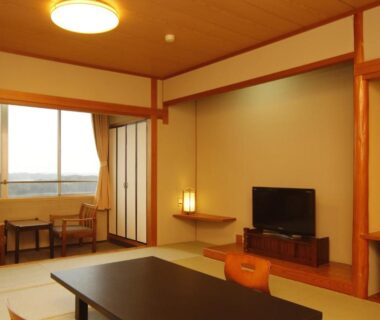 Japanese tatami room with low table, window seating and TV at Kashikojima Park Hotel Michishio, Mie
