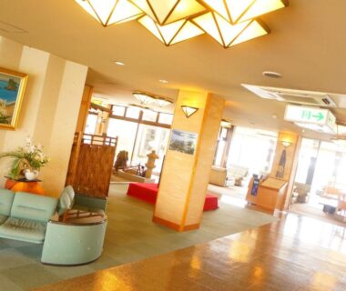 Bright seating area and corridor in ryokan lobby at Kashikojima Park Hotel Michishio Mie, Kansai