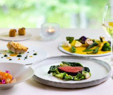 Assorted plated courses with a glass of white wine on a ryokan dining table, Nasu Muku no Ne, Tochigi