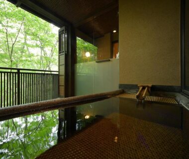 Wooden indoor bath opening to leafy balcony at Sansuikaku, Nasu, Tochigi