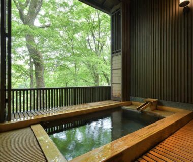 Indoor wooden onsen bath opening to green forest at Sansuikaku in Nasu, Tochigi