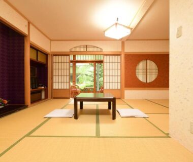 Traditional tatami room with low table, shoji screens and tokonoma at 金剛三昧院 in Wakayama, Kansai