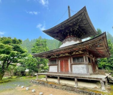 Elevated wooden temple pavilion with ornate multi-tiered roof and surrounding trees at Kongo Sanmaiin in Wakayama