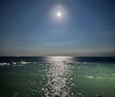 Moonlight reflecting across the sea near Choshi Grand Hotel, Chiba, Kantō